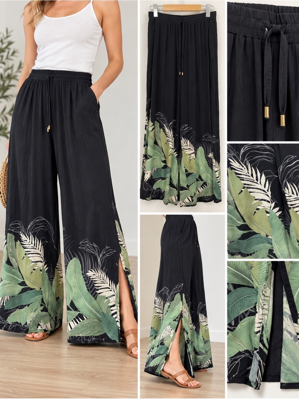 Jantzen Black Tropical Botanical Leaf Print Wide Leg Palazzo Pants Resort L